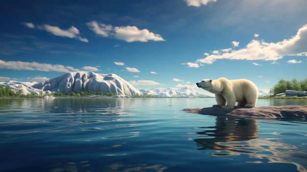 a polar bear standing on a rock in the water