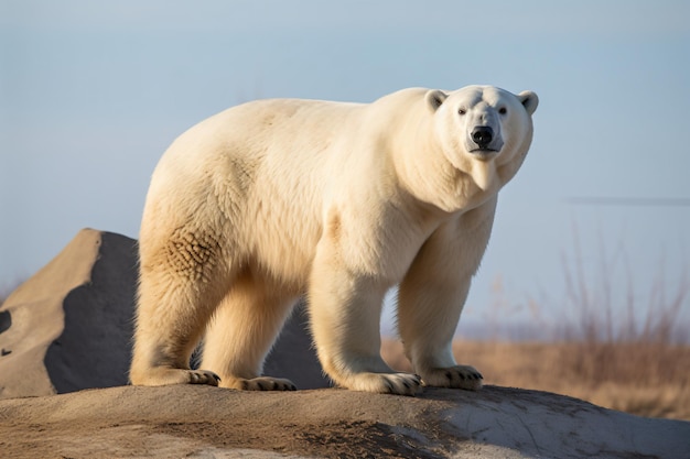Белый медведь стоит на камне в дикой природе