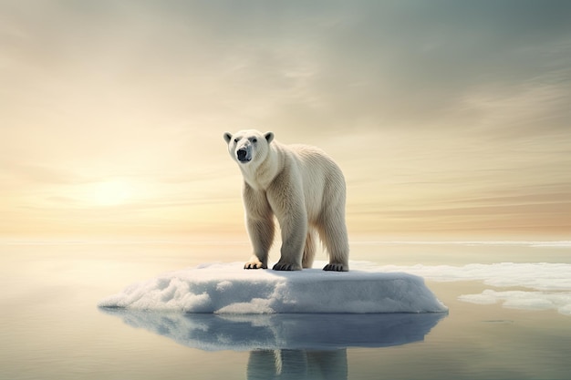 A polar bear stands on a small ice floe in the ocean