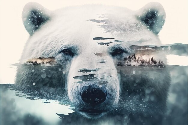 Polar bear suffer from climate change in double exposure