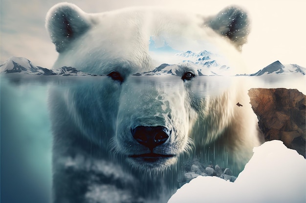 Polar bear suffer from climate change in double exposure