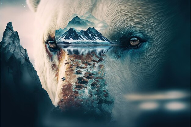 Photo polar bear suffer from climate change in double exposure