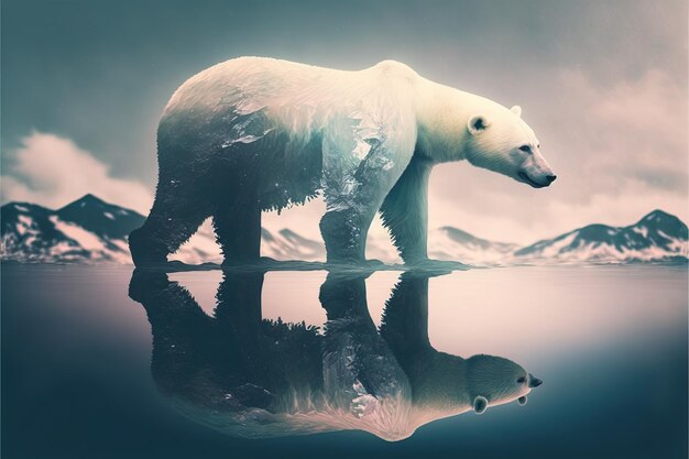 Белый медведь страдает от изменения климата в двойной экспозиции