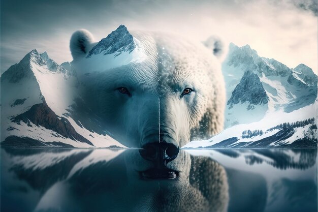 Polar bear suffer from climate change in double exposure