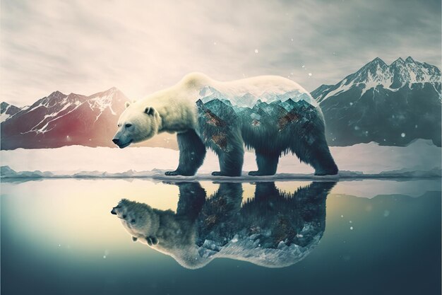 Polar bear suffer from climate change in double exposure