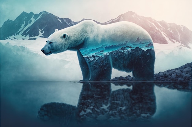 Polar bear suffer from climate change in double exposure