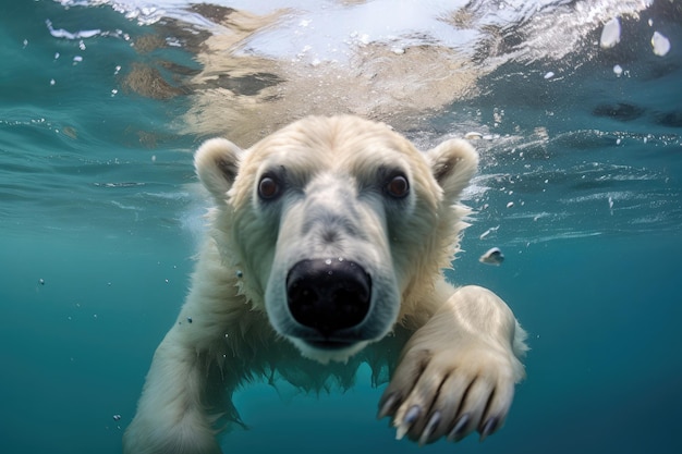 polar bear swimming in Arctic waters sleekness of its fur against the icy blue sea showcasing the bears adaptability to its marine environment