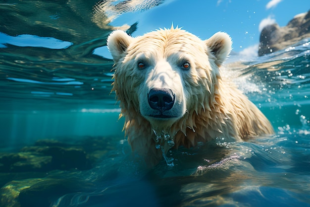 A polar bear swimming in the icy waters