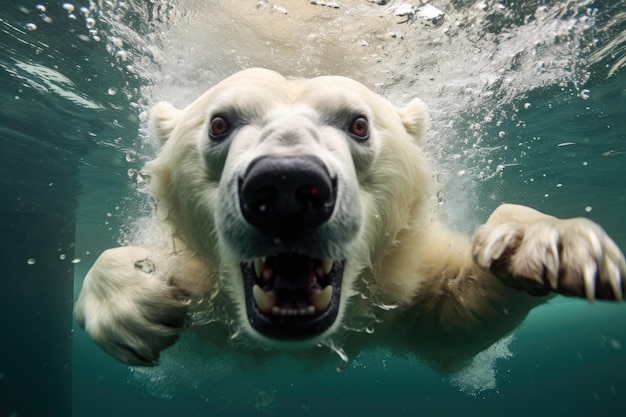 Белый медведь плавает в воде и делает смешные лица под водой. Полярный медведь подвергается подводной атаке.