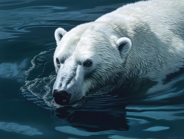 A polar bear swimming in the water with its ears up.