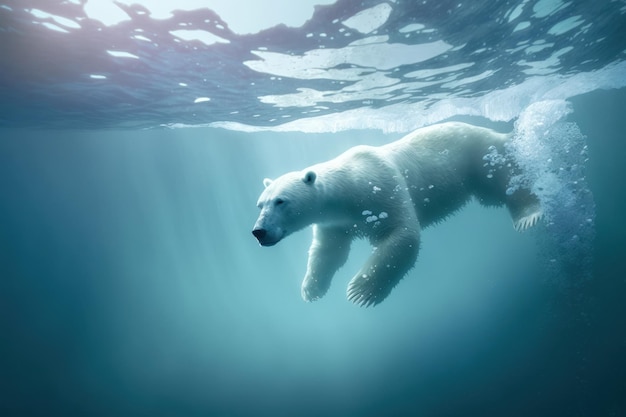 Polar bear swimming in white