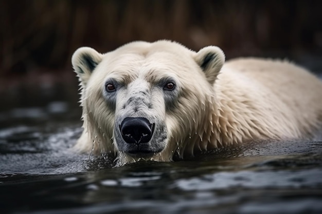 A polar bear swims through the water.