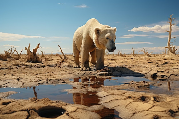 A polar bear thirsty in the desert climate change awarness illustration generative ai