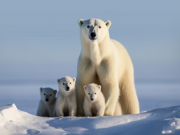 シロクマと 3 頭の子グマが雪の中に立っています。