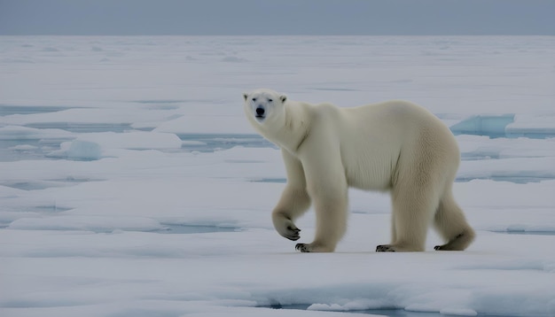 a polar bear walking across an ice covered lake