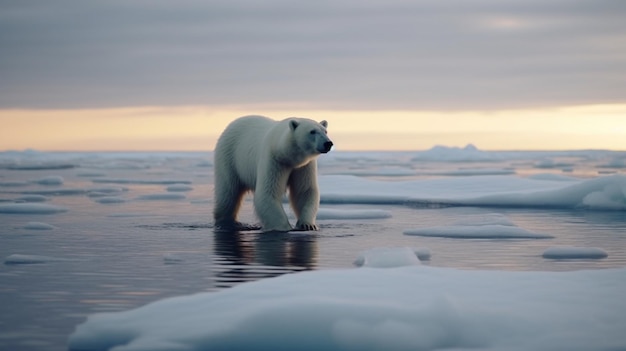 A polar bear walks on ice in the arctic