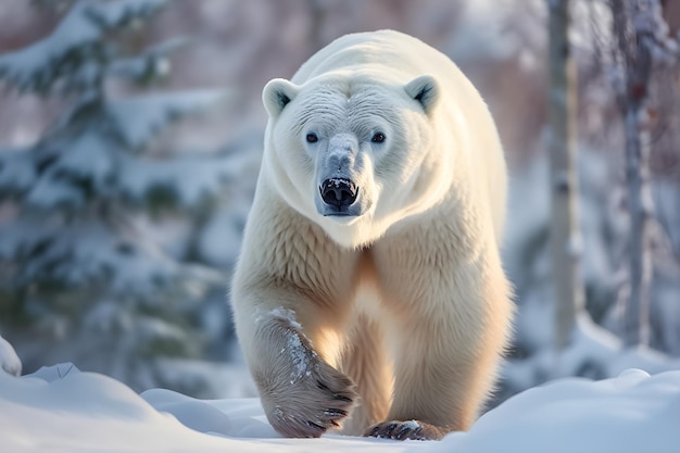 A polar bear walks through the snow.