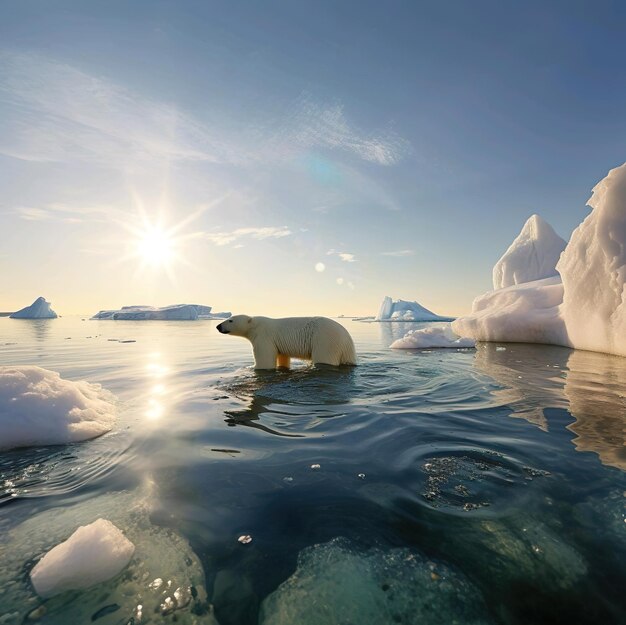 Photo polar bear on the water with sunlight view