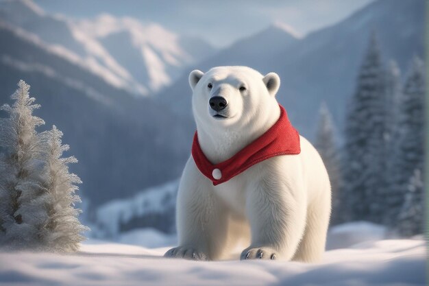 A polar bear wearing a Christmas dress with a red cap in the snow blurry background