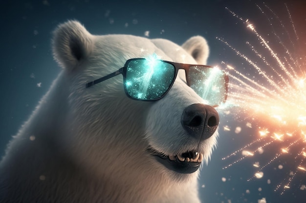 A polar bear wearing glasses at a New Year's party with fireworks