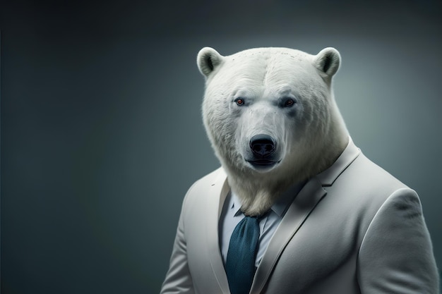 A polar bear wearing a white suit with a serious expression studio portrait Generative AI