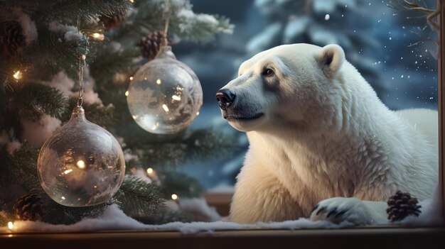 A polar bear in a wintry environment around Christmas Generative AI