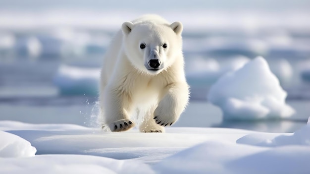 A polar bear with blue eyes and black eyes is walking on ice