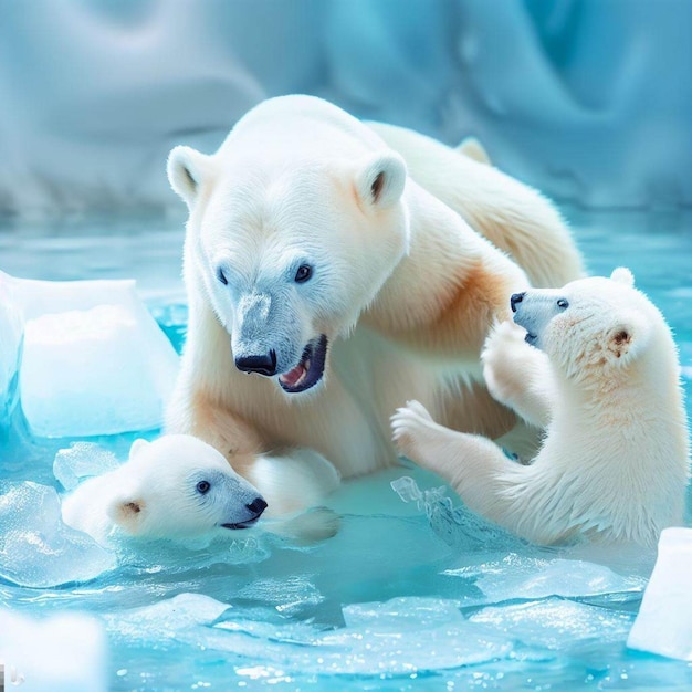 Photo a polar bear with blue eyes is playing in the snow