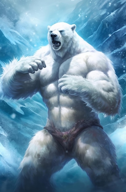 A polar bear with a body and a muscular body is standing in front of ice.