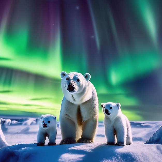 A polar bear with cubs on pack ice in the arctic