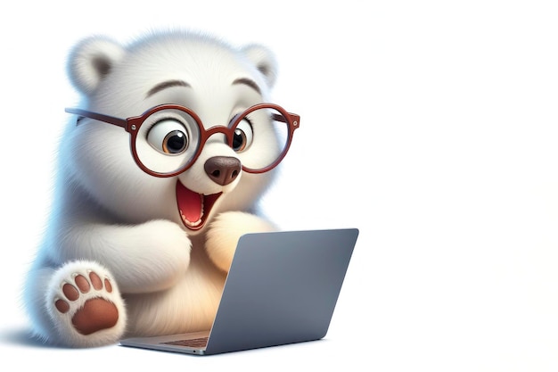 Polar bear with glasses and a surprised look on his face is looking at a laptop on white background