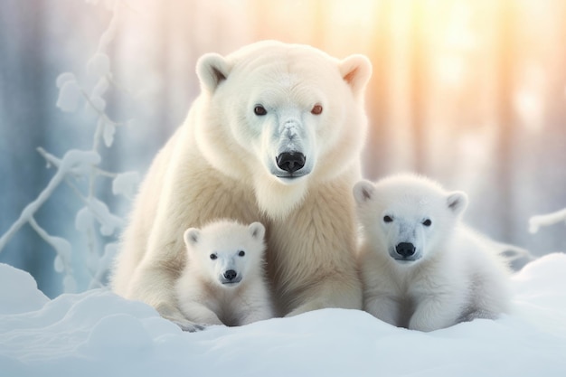 Polar bear with her cubs on a snowy background