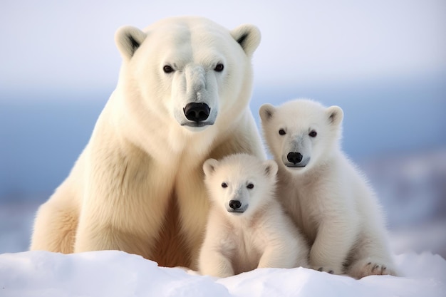 Белая медведь со своими детенышами на снежном фоне