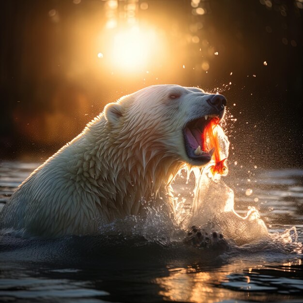 a polar bear with his mouth open and the sun behind him