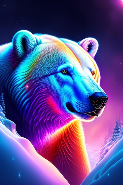 A polar bear with a rainbow background