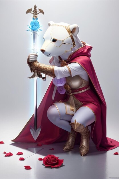 A polar bear with a sword and shield with a sword in his hand