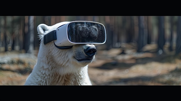 Foto orso polare con visione realtà virtuale occhiali da sole sfondo solido