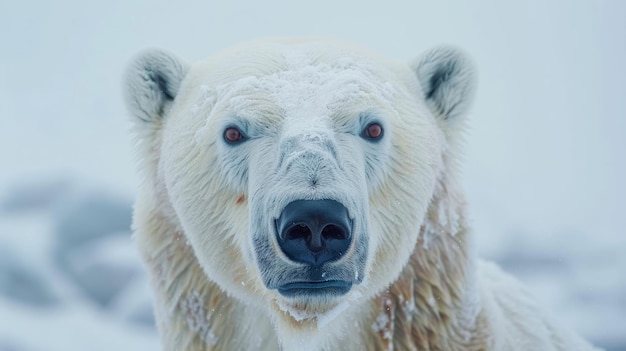 Polar bear with white fur and brown eyes looking at camera while standing against snowy landscape in the Arctic