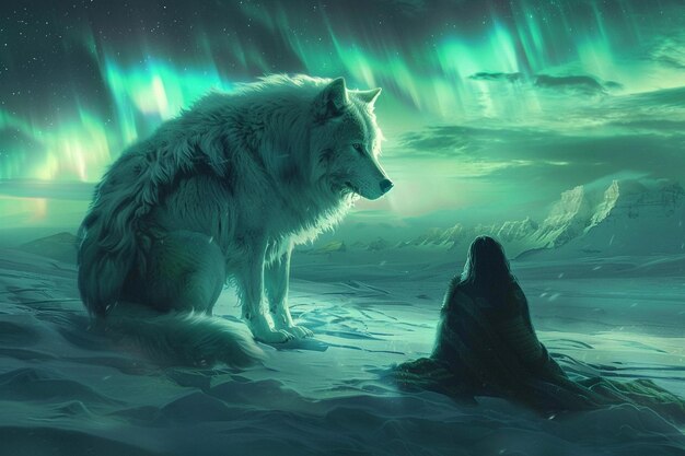 a polar bear and a wolf are in the snow