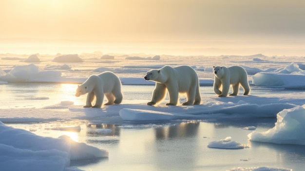 Polar bears foraging for sustenance amidst rapidly disappearing icebergs Consequence of global warming and climate change Arctic landscape at sunset Banner