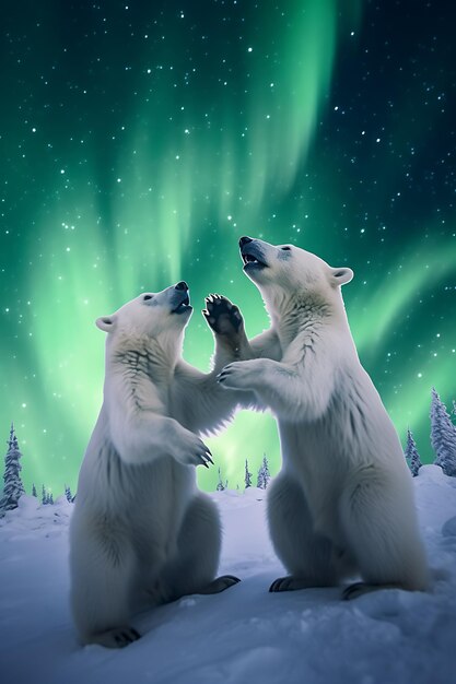 Белые медведи играют в снегу под северным сиянием зимой