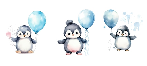 気球を持つ極地のかわいいペンギン 水彩 ai 生成された南極の動物のスカーフ 氷のアイコンのデザイン 気球を持つ極地のかわいいペンギン 水彩イラスト