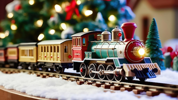 Polar Express toy train on holiday background Generative AI