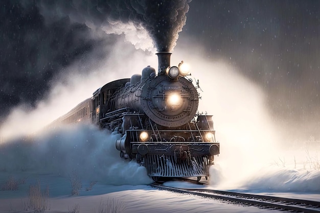 Polar express train rides and sweeps snow off snowcovered rails