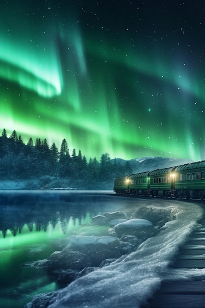 Polar Express train traveling through a snowy landscape green glowing Northern Lights AI generated