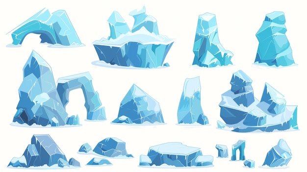 氷山の塊とアーチ 氷山とアーチは青と白の空で凍った水晶の塊の上に浮かんでいる 氷河の塊とアークは浮かんでいる 青い氷山とアークの現代的なイラストセット