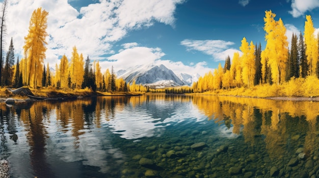 아름다운 가을 색상의 노란색으로 장식된 나무들 사이에 자리잡은 극지 호수