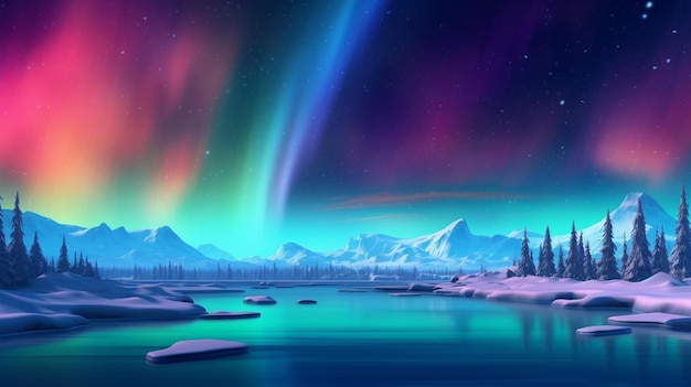 Photo polar landscape with aurora borealis