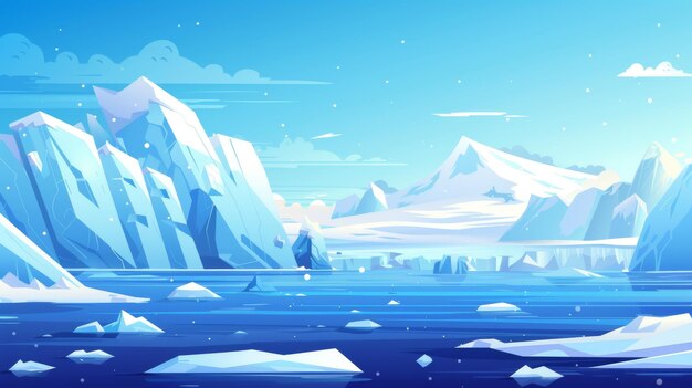 Photo polar landscape with iceberg in ocean or sea cartoon illustration of a blue arctic scene with glaciers snow mountains and icebergs floating in the water the northern horizon with floes floating