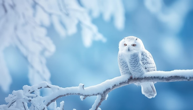 A polar owl sits on a tree branch in winter